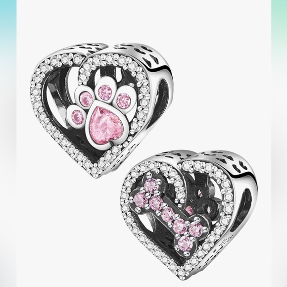 Puppy paw print with pink dog bone heart charm sterling 925 - Picture 1 of 3